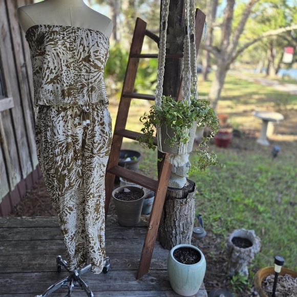 blue island Pants - Blue Island Cream Olive Green Abstract Print Strapless Jumpsuit Size Small